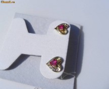 Cercei aur 10K, 1.7g, model inimioara ornati cu 1/2ct RUBINE si BRILIANTE foto