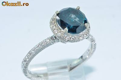 Inel AA14K BRILIANT solitaire albastru de 2.21CT + DIAMANTE albe foto mare