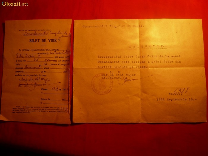 2 ACTE MILITARE EMISE IN 1922 , ROMANIA foto mare