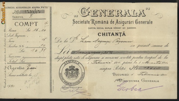 Chitanta Societatea Romana de Asigurari  Generale ,1911 foto mare