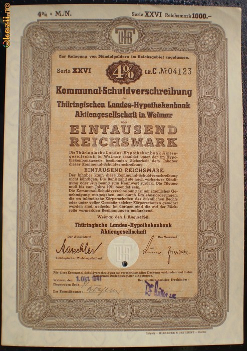 17. GERMANIA OBLIGATIUNE 1000 REICHSMARK 1.08.1941 WEIMAR foto mare