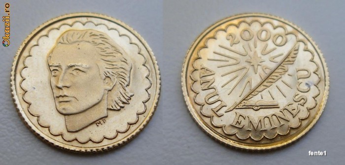 RARITATE - 2000 Anul Eminescu - Pana de aur a lui Eminescu - proba tombac aurit - PROOF - 0.66 grame foto mare