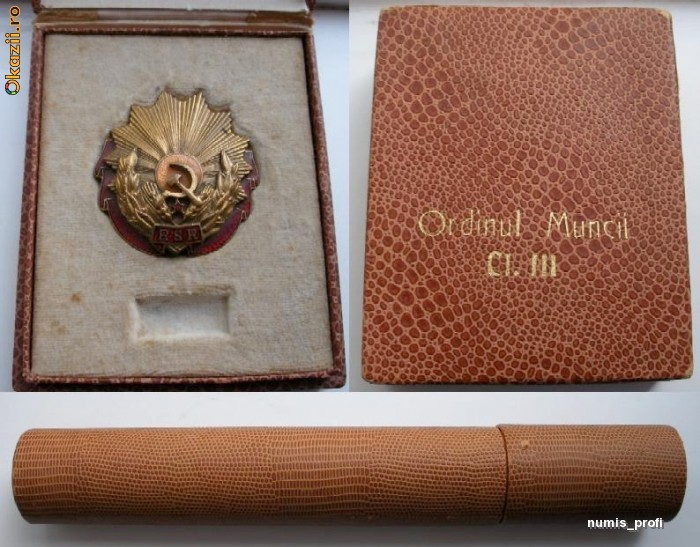 Lot acordat aceleiasi persoane: Ordinul Muncii Clasa a III-a - RSR + Medalia In Cinstea Incheierii Colectivizarii 1962 + cutii + brevete + port-brevet foto mare