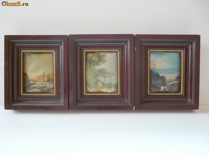TREI REPRODUCERI PE MATASE , STAMPE CU RAME DIN LEMN foto mare
